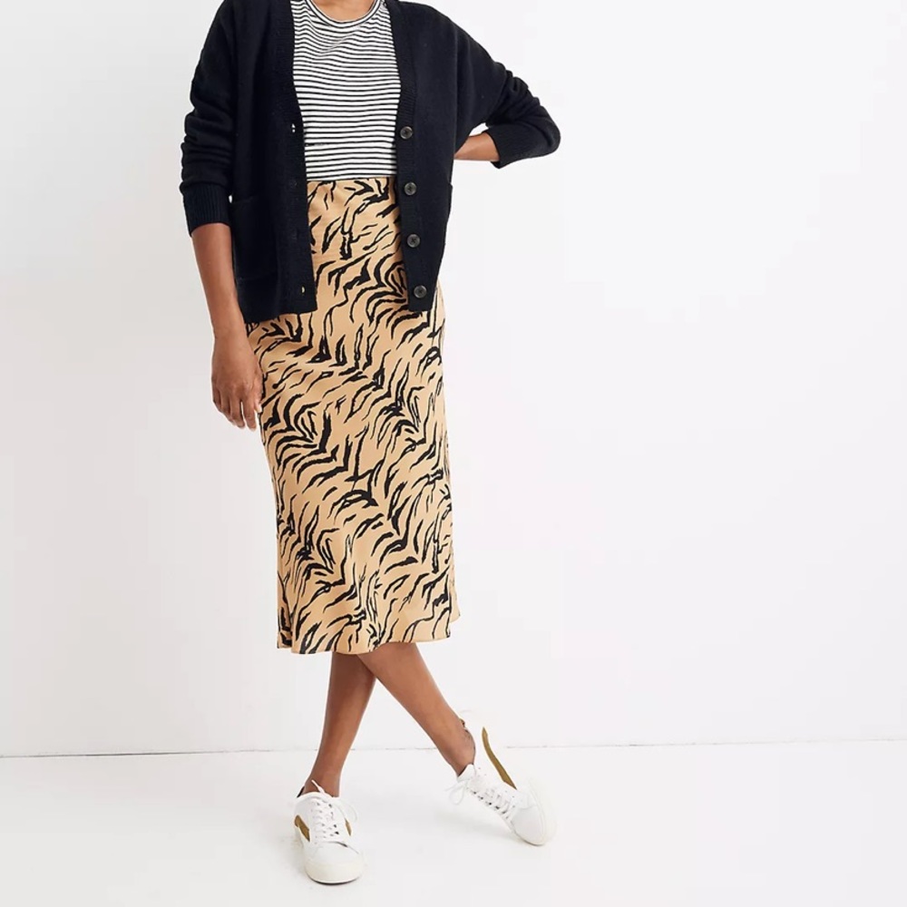 MADEWELL Silk Midi Slip Skirt in Tiger Stripe